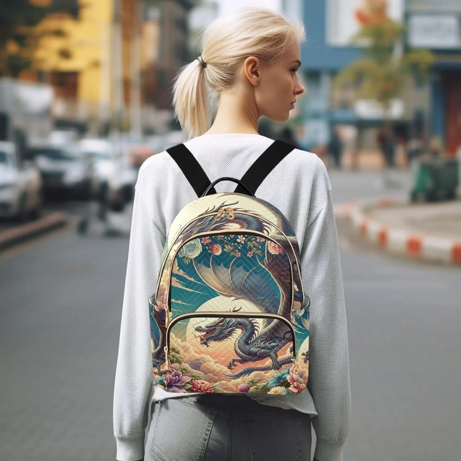 ODAWA Dragon and Floral Quilted Backpack Purse for Women Small Backpack for Women Anti Theft Backpack