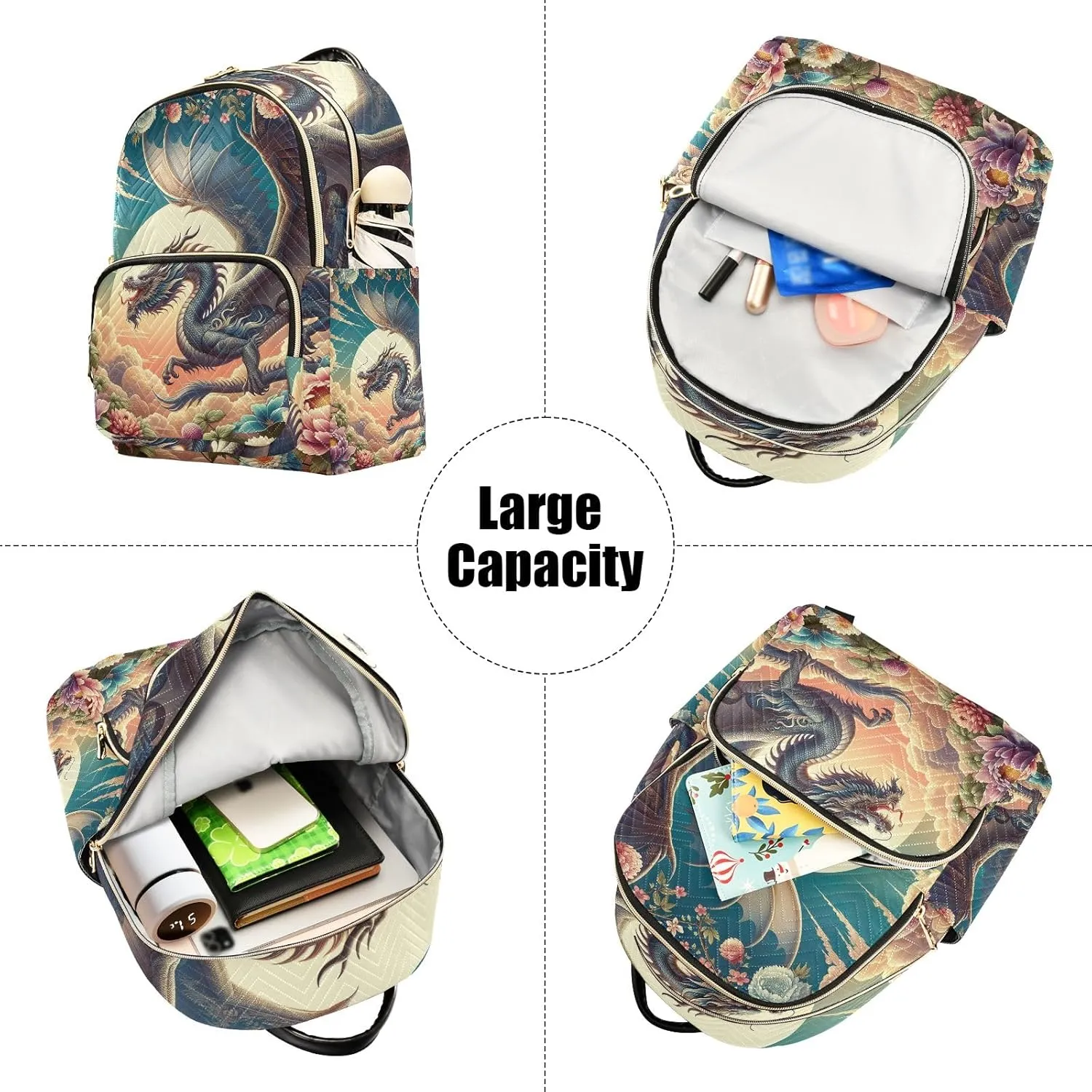 ODAWA Dragon and Floral Quilted Backpack Purse for Women Small Backpack for Women Anti Theft Backpack