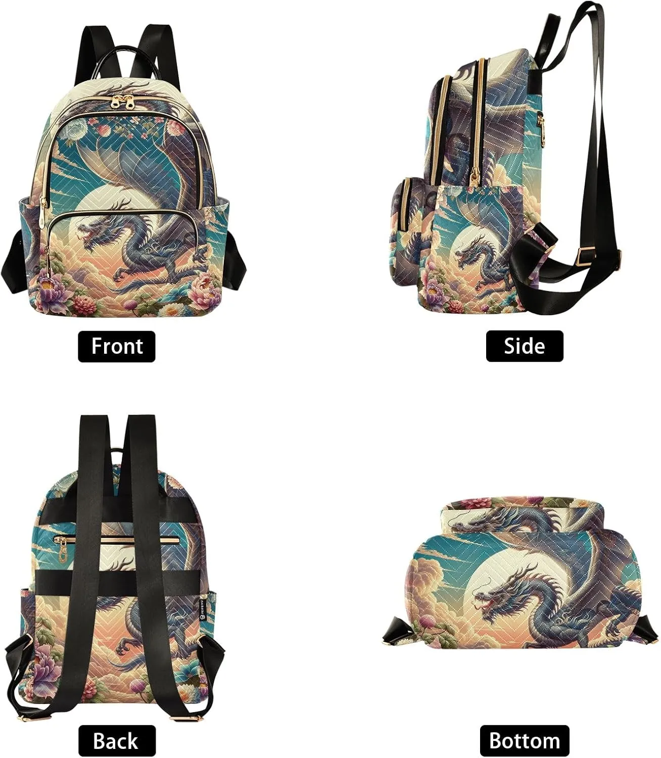 ODAWA Dragon and Floral Quilted Backpack Purse for Women Small Backpack for Women Anti Theft Backpack