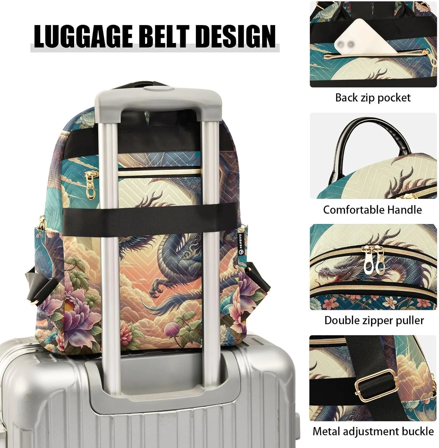 ODAWA Dragon and Floral Quilted Backpack Purse for Women Small Backpack for Women Anti Theft Backpack