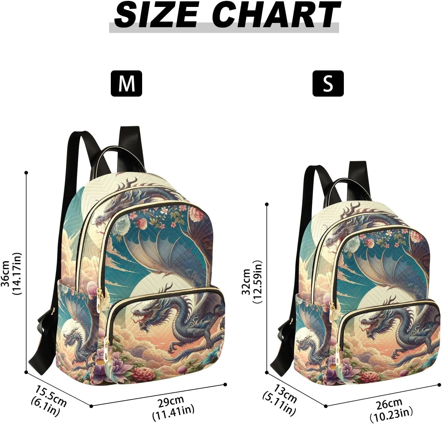 ODAWA Dragon and Floral Quilted Backpack Purse for Women Small Backpack for Women Anti Theft Backpack