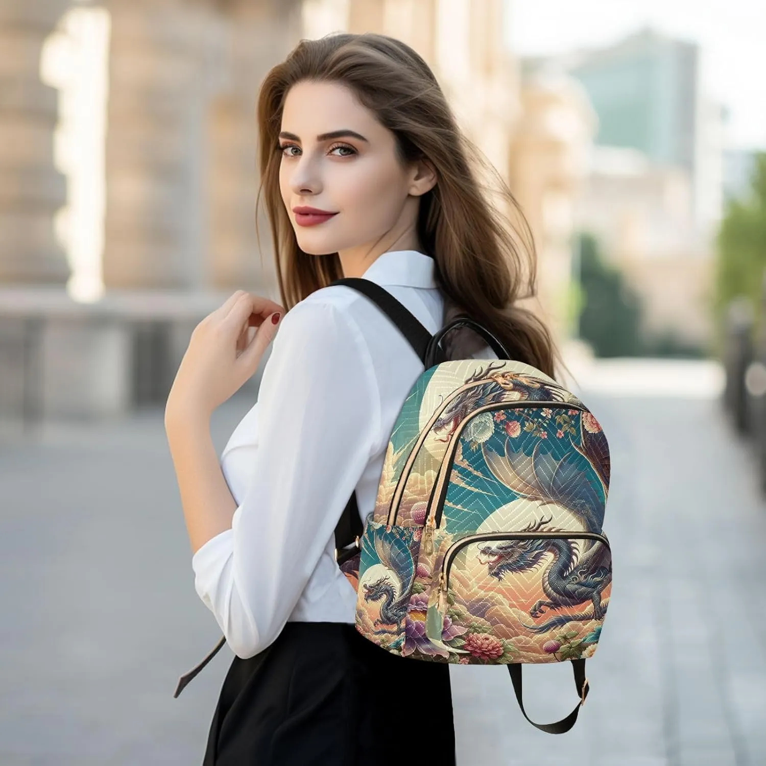 ODAWA Dragon and Floral Quilted Backpack Purse for Women Small Backpack for Women Anti Theft Backpack