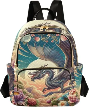 ODAWA Dragon and Floral Quilted Backpack Purse for Women Small Backpack for Women Anti Theft Backpack