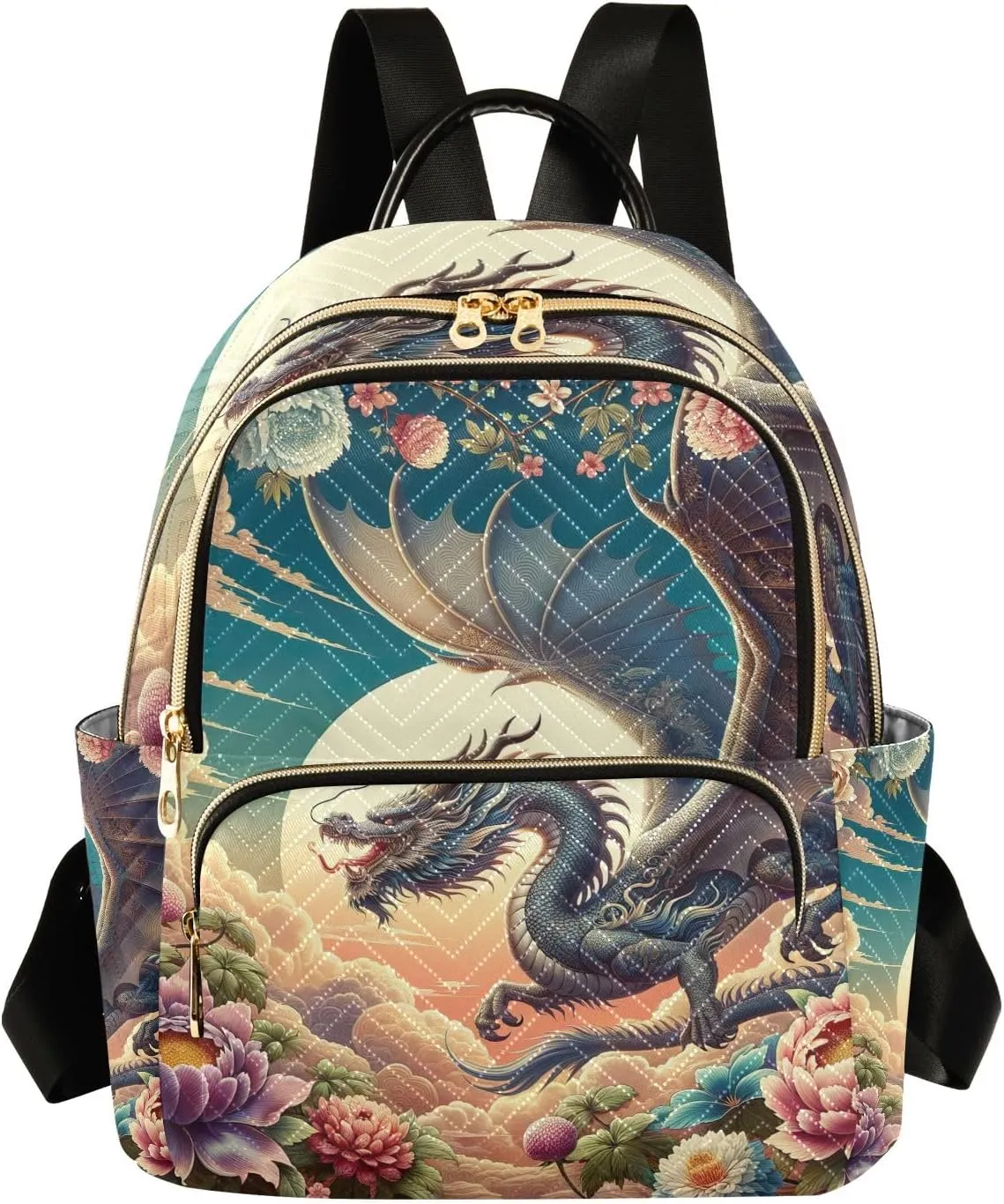ODAWA Dragon and Floral Quilted Backpack Purse for Women Small Backpack for Women Anti Theft Backpack