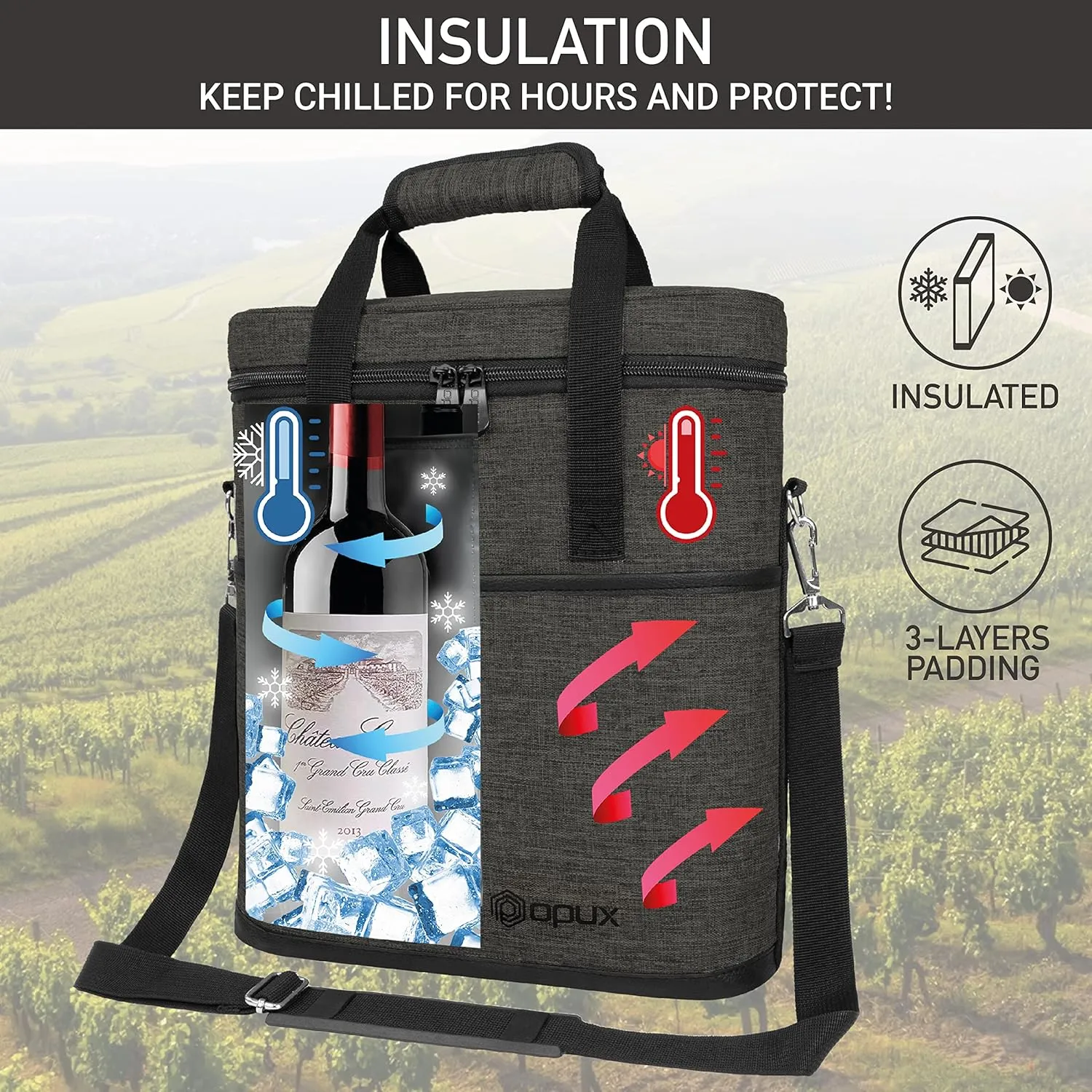 OPUX 3 Bottle Wine Carrier Tote, Insulated Wine Cooler Bag, Leakproof Travel Wine Tote for Picnic Travel BYOB, Padded Portable Wine Bottle Carrier, Gift for Wine Lover Women, Charcoal Grey