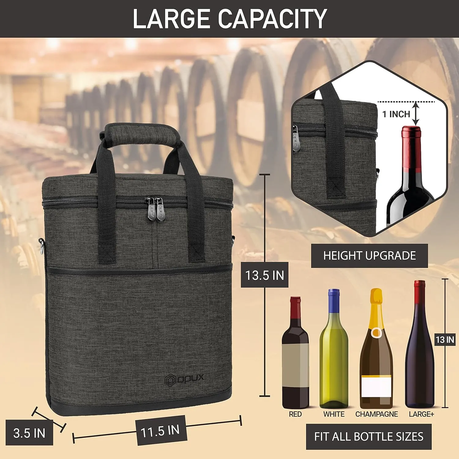 OPUX 3 Bottle Wine Carrier Tote, Insulated Wine Cooler Bag, Leakproof Travel Wine Tote for Picnic Travel BYOB, Padded Portable Wine Bottle Carrier, Gift for Wine Lover Women, Charcoal Grey