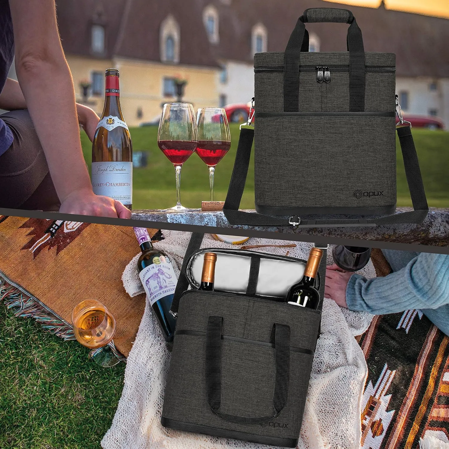 OPUX 3 Bottle Wine Carrier Tote, Insulated Wine Cooler Bag, Leakproof Travel Wine Tote for Picnic Travel BYOB, Padded Portable Wine Bottle Carrier, Gift for Wine Lover Women, Charcoal Grey