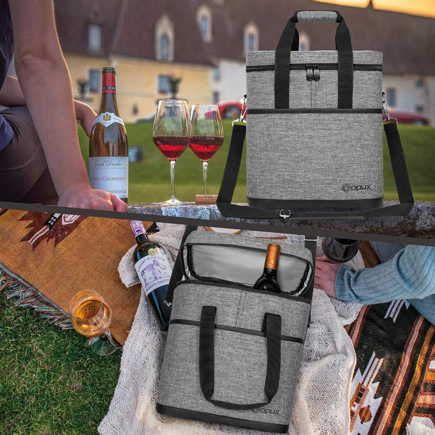 opux 6 Bottle Carrier Tote | Insulated Padded Wine Cooler Bag for Travel. Picnic, BYOB | Portable Leakproof Wine Tote Bag for Dinner, Party, Christmas, Wine Gift for Women, Men (Heather Gray)