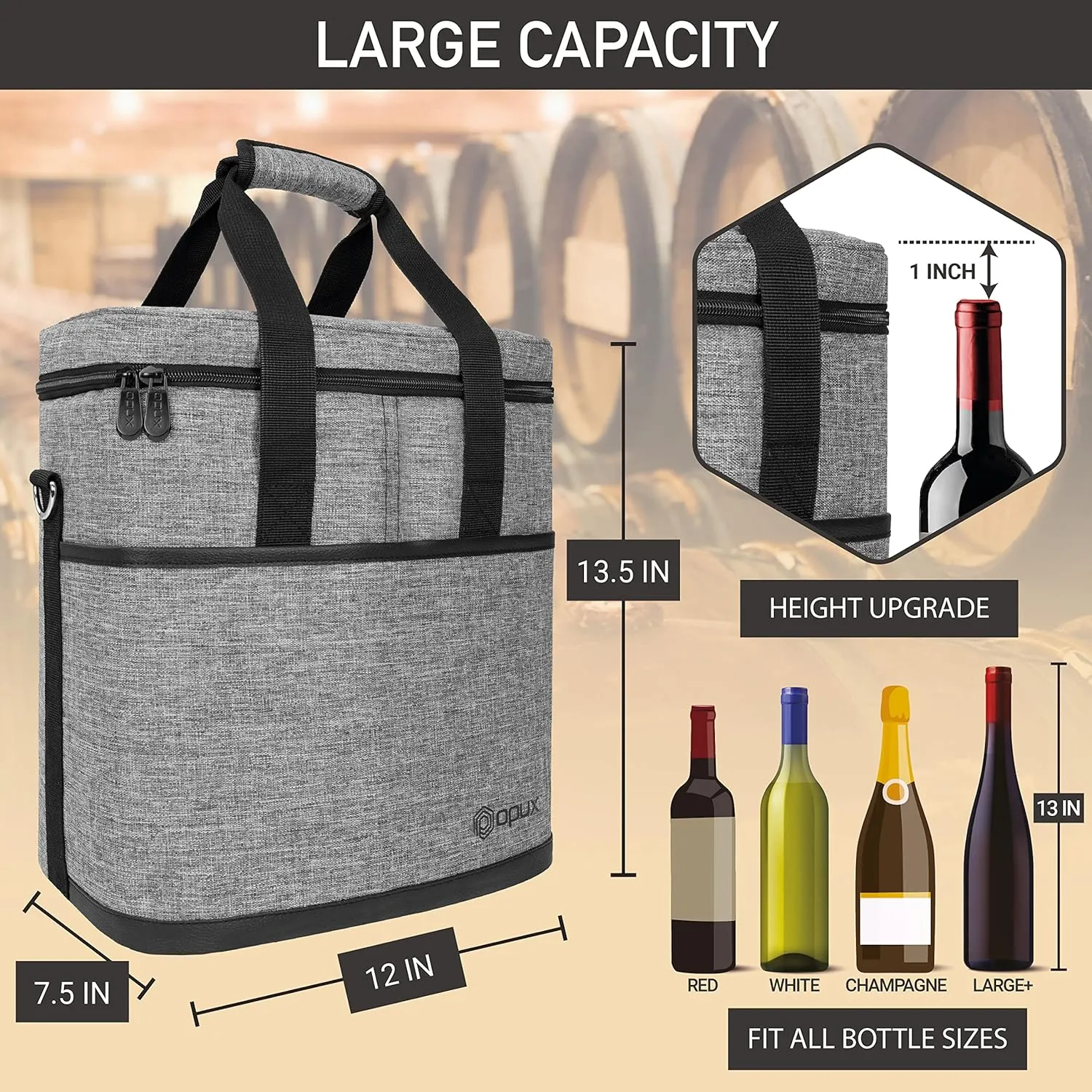 opux 6 Bottle Carrier Tote | Insulated Padded Wine Cooler Bag for Travel. Picnic, BYOB | Portable Leakproof Wine Tote Bag for Dinner, Party, Christmas, Wine Gift for Women, Men (Heather Gray)