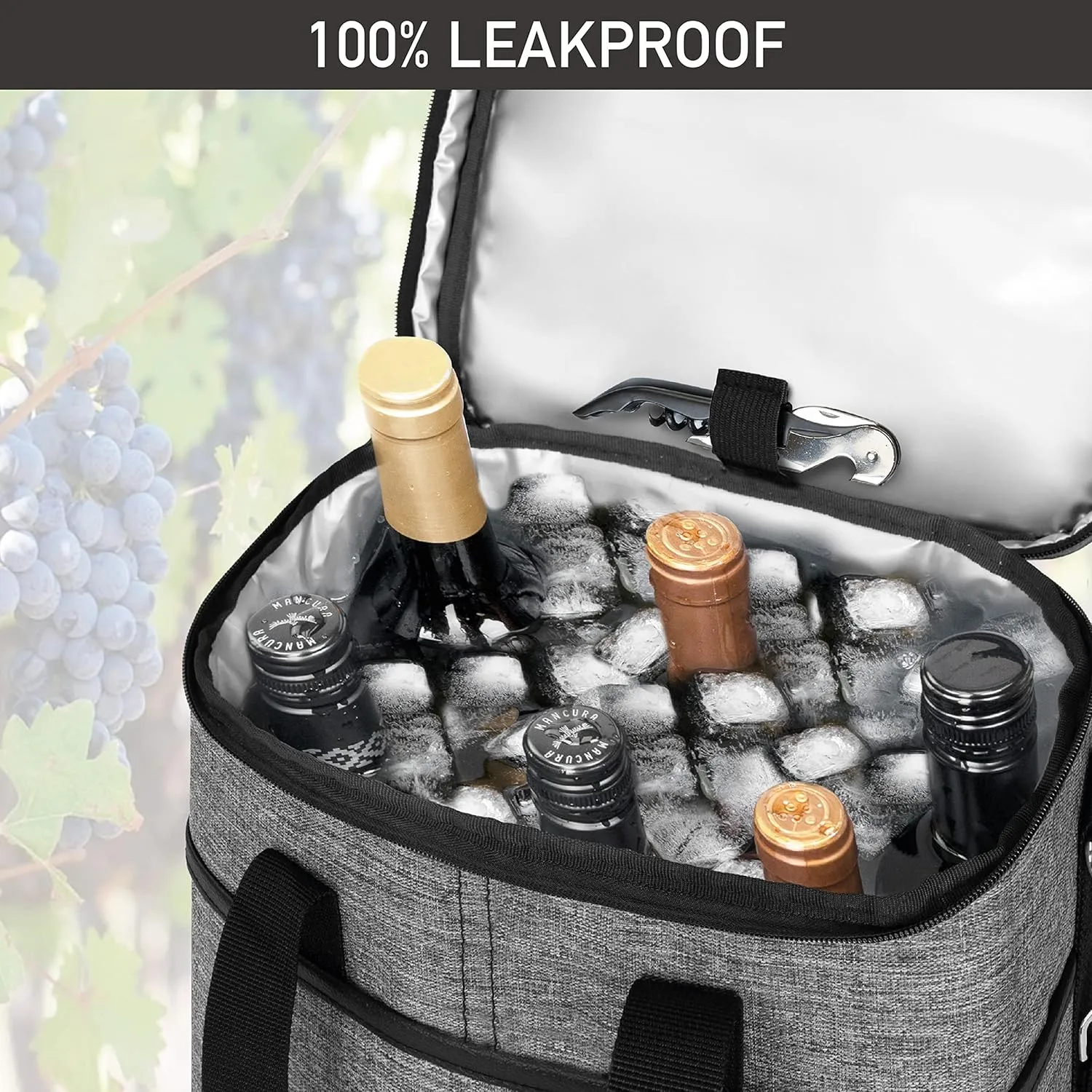 opux 6 Bottle Carrier Tote | Insulated Padded Wine Cooler Bag for Travel. Picnic, BYOB | Portable Leakproof Wine Tote Bag for Dinner, Party, Christmas, Wine Gift for Women, Men (Heather Gray)