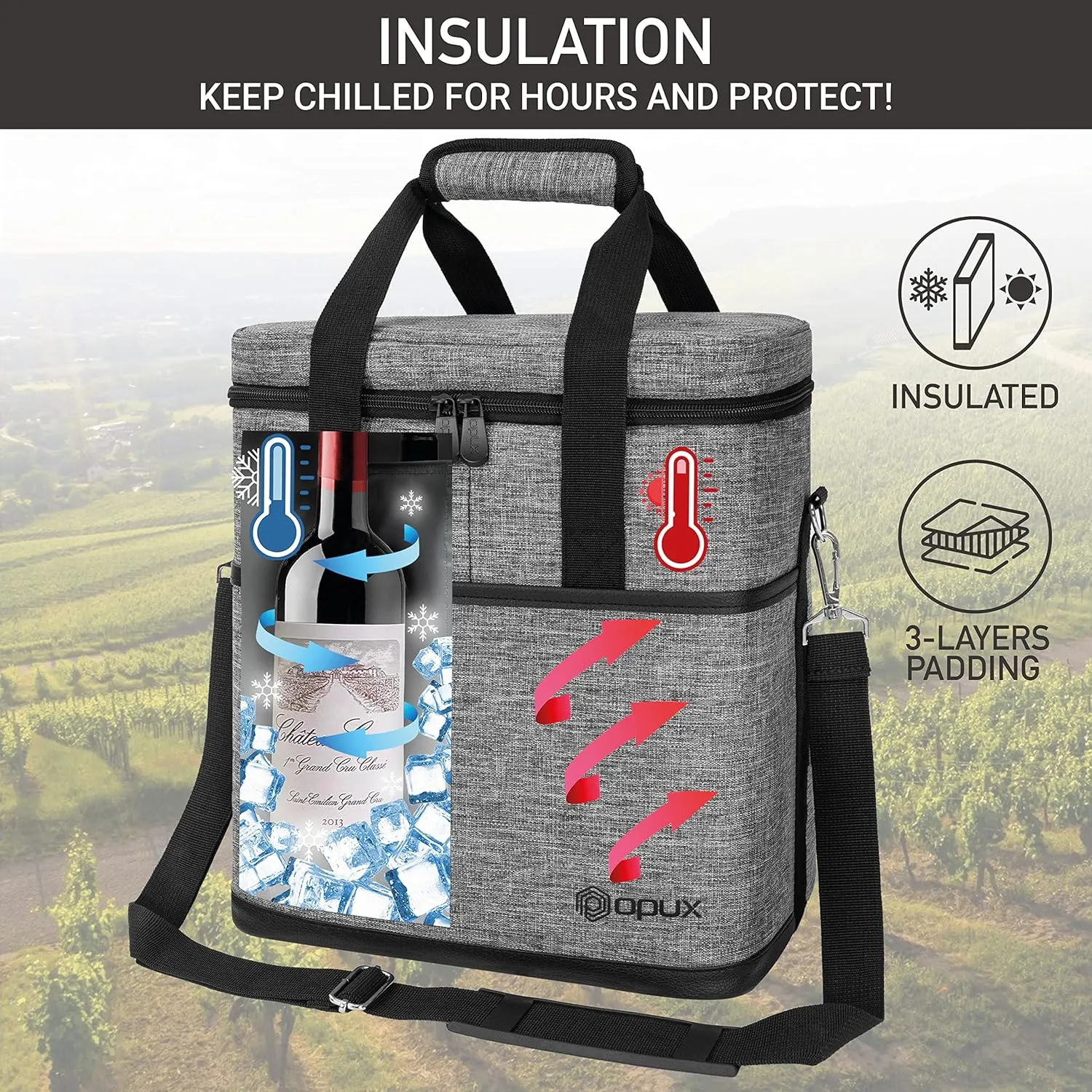 opux 6 Bottle Carrier Tote | Insulated Padded Wine Cooler Bag for Travel. Picnic, BYOB | Portable Leakproof Wine Tote Bag for Dinner, Party, Christmas, Wine Gift for Women, Men (Heather Gray)