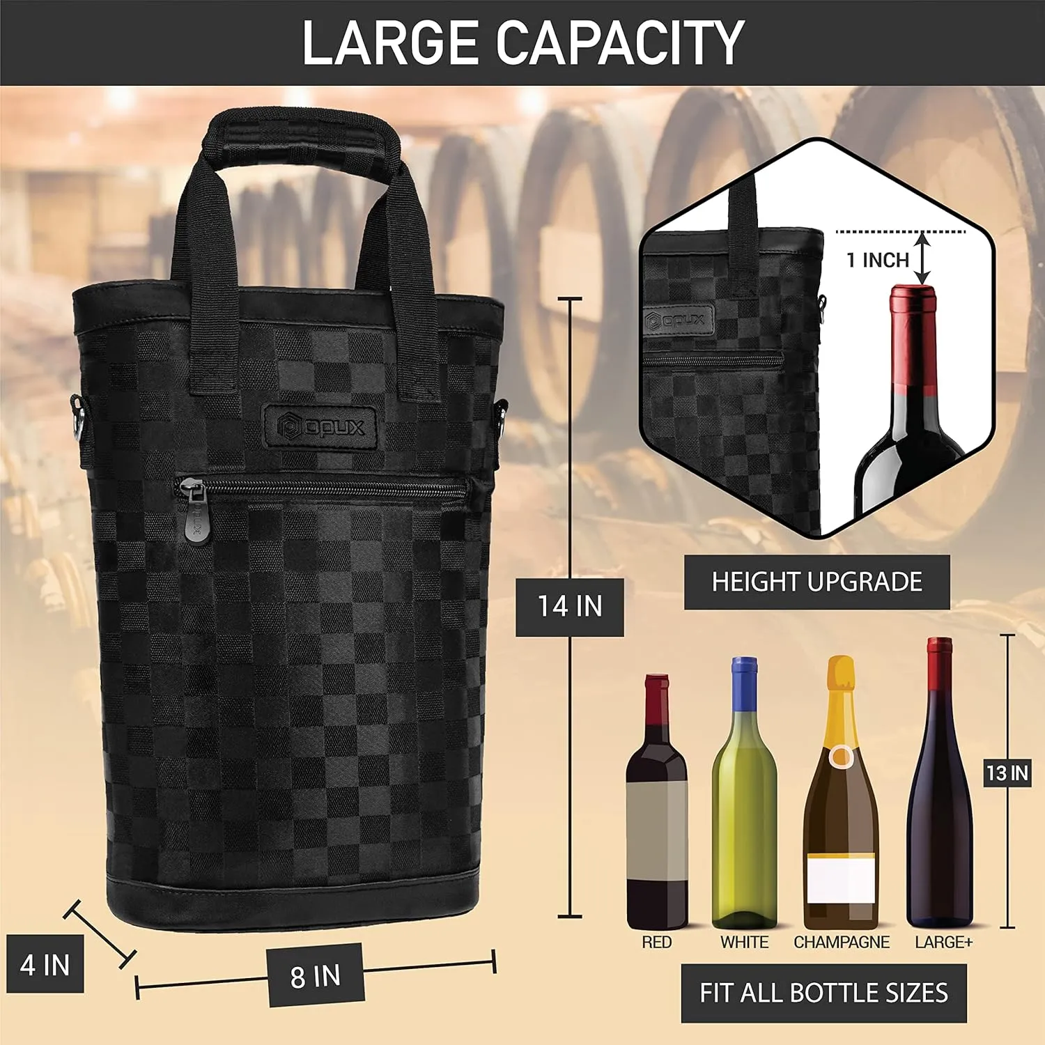 opux Two Bottle Wine Bag Carrier Tote, Insulated Leakproof 2 Bottle Wine Cooler Bag for Travel BYOB Picnic, Portable Wine Case, Gift for Men Women Wine Lover Birthday Party Christmas, Checker Black
