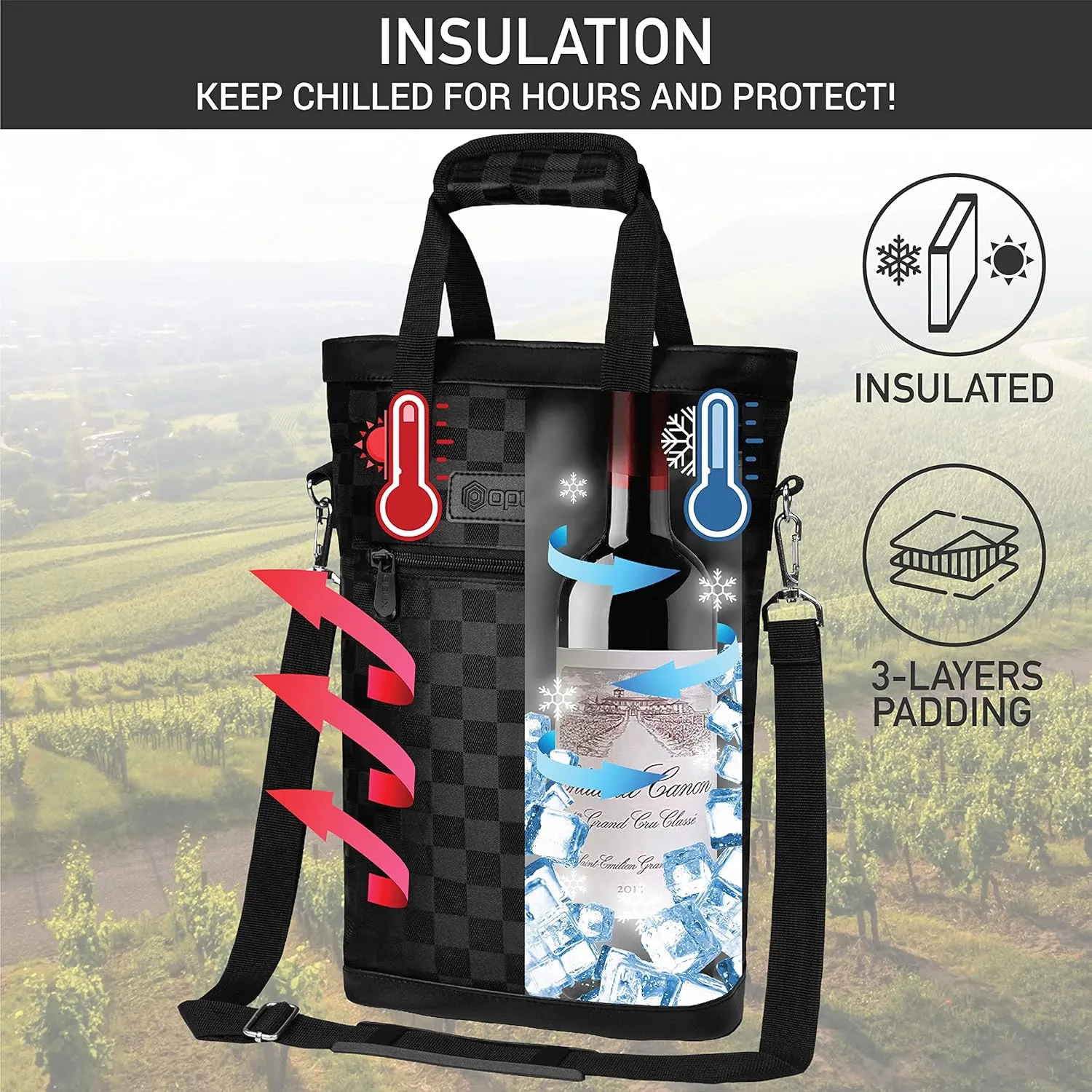opux Two Bottle Wine Bag Carrier Tote, Insulated Leakproof 2 Bottle Wine Cooler Bag for Travel BYOB Picnic, Portable Wine Case, Gift for Men Women Wine Lover Birthday Party Christmas, Checker Black