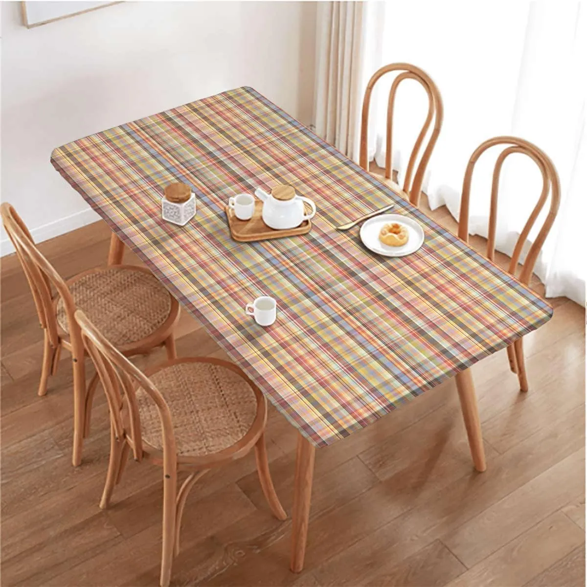 Orange Light Blue Elastic Edged Table Covers Retro Red Checkered Modern Fitted Rectangular Table Cloth with Elastic Rim Abstract Fits up 5 Foot Tables