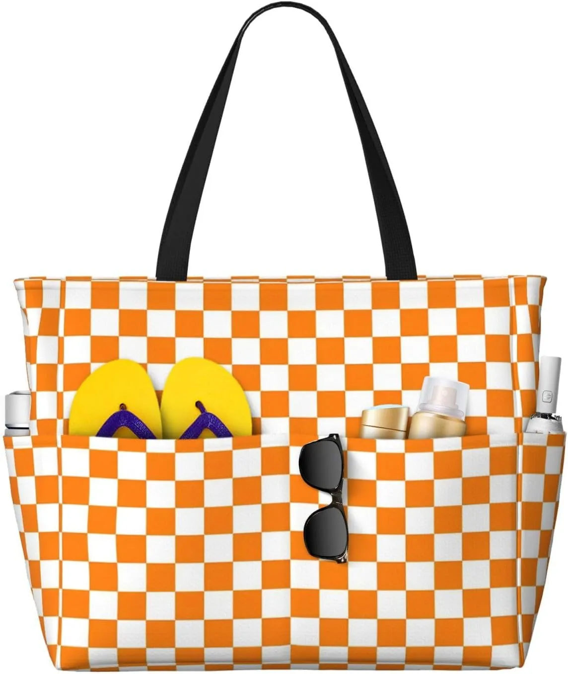 Orange White Checkered Pattern Beach Bag Women Tote Bag Pool Bag With Zipper For Gym Grocery Travel With Wet Pocket, Black