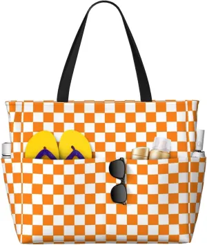 Orange White Checkered Pattern Beach Bag Women Tote Bag Pool Bag With Zipper For Gym Grocery Travel With Wet Pocket, Black