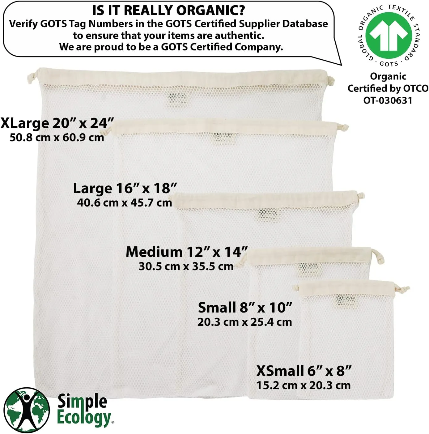 Organic Cotton Mesh Laundry Bag; Machine Washing Bags for Delicates, Lingerie and Garments, Set of 3 (S, M, L)