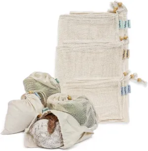 Organic Cotton Shopping Bags - Washable and Strong- Set of 8 - Food Storage and Produce Bags