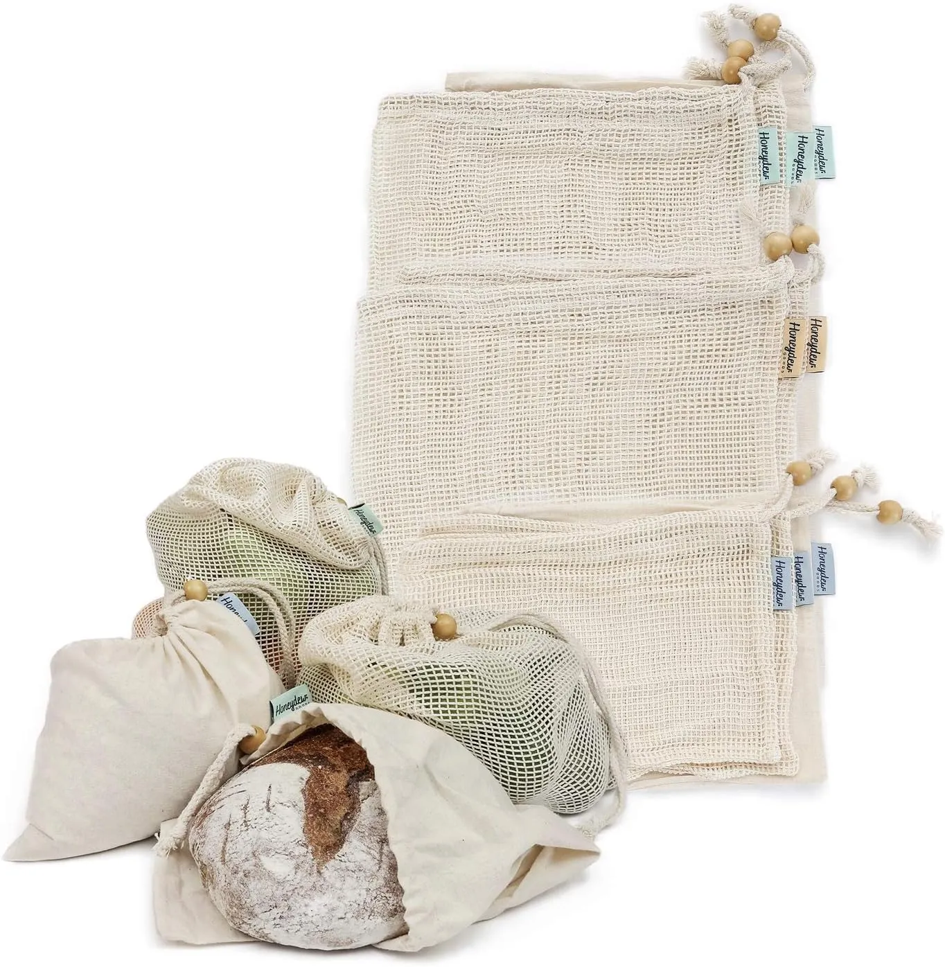 Organic Cotton Shopping Bags - Washable and Strong- Set of 8 - Food Storage and Produce Bags
