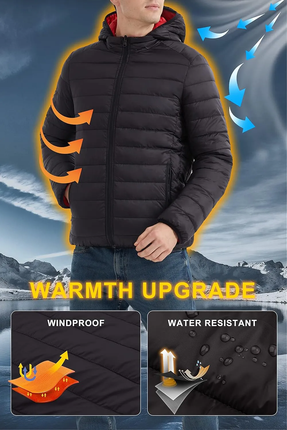 Orolay Men's Lightweight Hooded Puffer Jacket Packable Reversible Water-Resistant Winter Quilted Coat