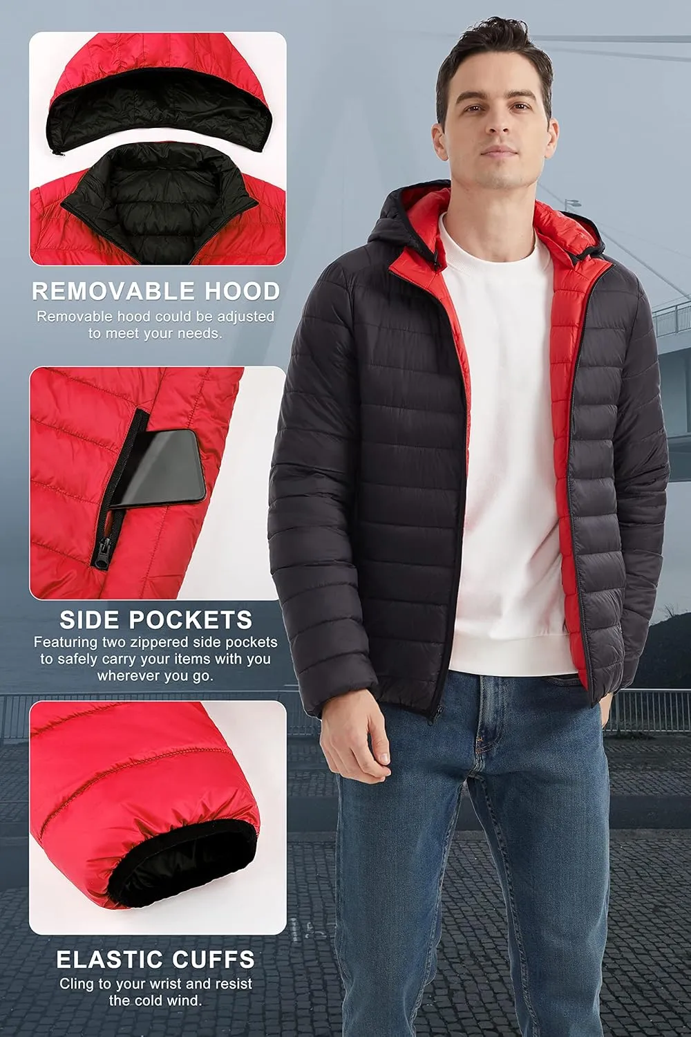 Orolay Men's Lightweight Hooded Puffer Jacket Packable Reversible Water-Resistant Winter Quilted Coat