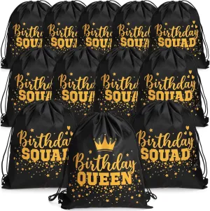 Oudain 12 Pcs Birthday Squad Drawstring Bags Birthday Queen Drawstring Backpack Bag Set Bachelorette Party Bags Party Favor Bags for Women Adults Gift Idea, 13.4" x 16.9"
