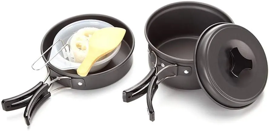 Outdoor Camping Cookware Pot Set, Aluminum Pot Frying Pan with Bowl and Spoon is Suitable for Camping, Hiking, Mountaineering, etc.
