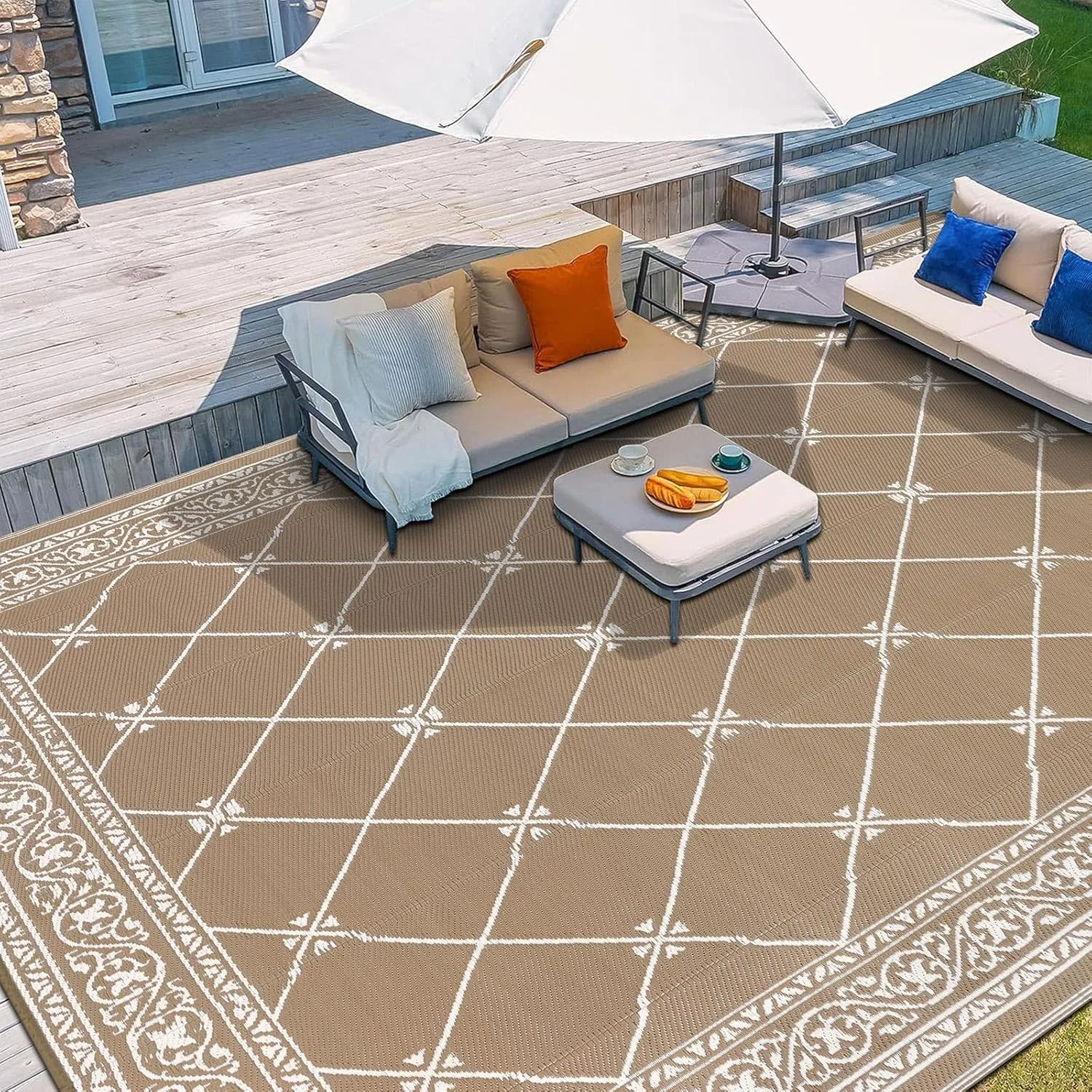 Outdoor Rug 8'x10' for Patios Waterproof Grey Patio Rugs Outdoor Mats for Front Porch,Beach Mat,Reversible Plastic Straw Camping Rugs for Outside RV,Deck,Balcony,Backyard
