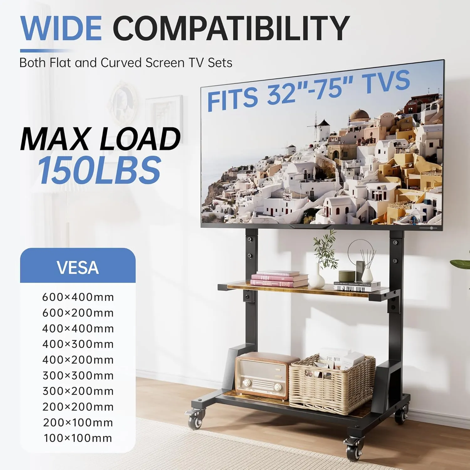 Outdoor TV Stand with Large Storage, Mobile TV Cart for Most 32-75 Inch TVs, Max VESA 600x400mm, Supports 150 lbs, Height Adjustable Portable TV Stand for Home, Office, Outdoor(Rustic Brown)