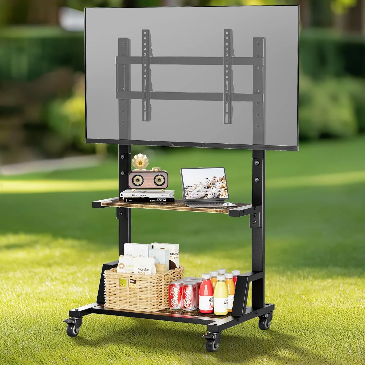 Outdoor TV Stand with Large Storage, Mobile TV Cart for Most 32-75 Inch TVs, Max VESA 600x400mm, Supports 150 lbs, Height Adjustable Portable TV Stand for Home, Office, Outdoor(Rustic Brown)