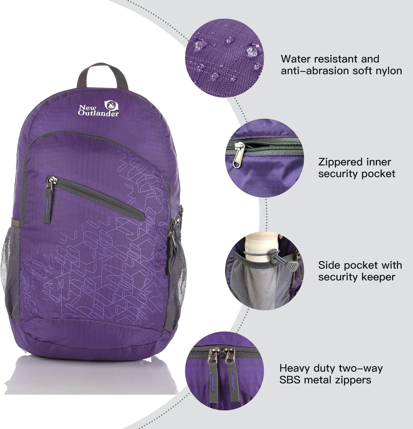 Outlander Packable Handy Lightweight Travel Hiking Backpack Daypack, Purple-L