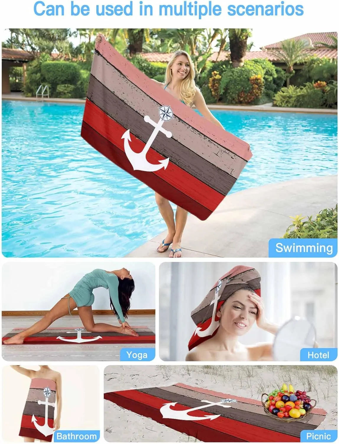 Oversized Beach Towel Anchor on Retro Farm Wood Grain Soft Absorbent Quick-Dry Sand-Free Microfiber Towel for Travel/Surf/Swim/Pool/Vacation Compact Towel Nautical Compass Bath Blanket, 30" x 60"