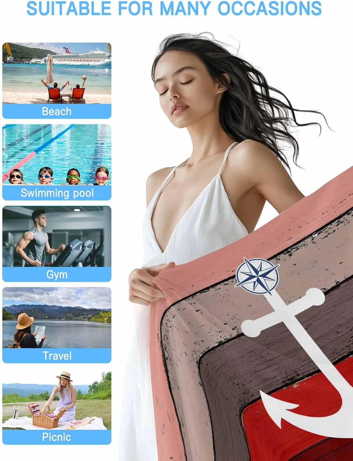 Oversized Beach Towel Anchor on Retro Farm Wood Grain Soft Absorbent Quick-Dry Sand-Free Microfiber Towel for Travel/Surf/Swim/Pool/Vacation Compact Towel Nautical Compass Bath Blanket, 30" x 60"