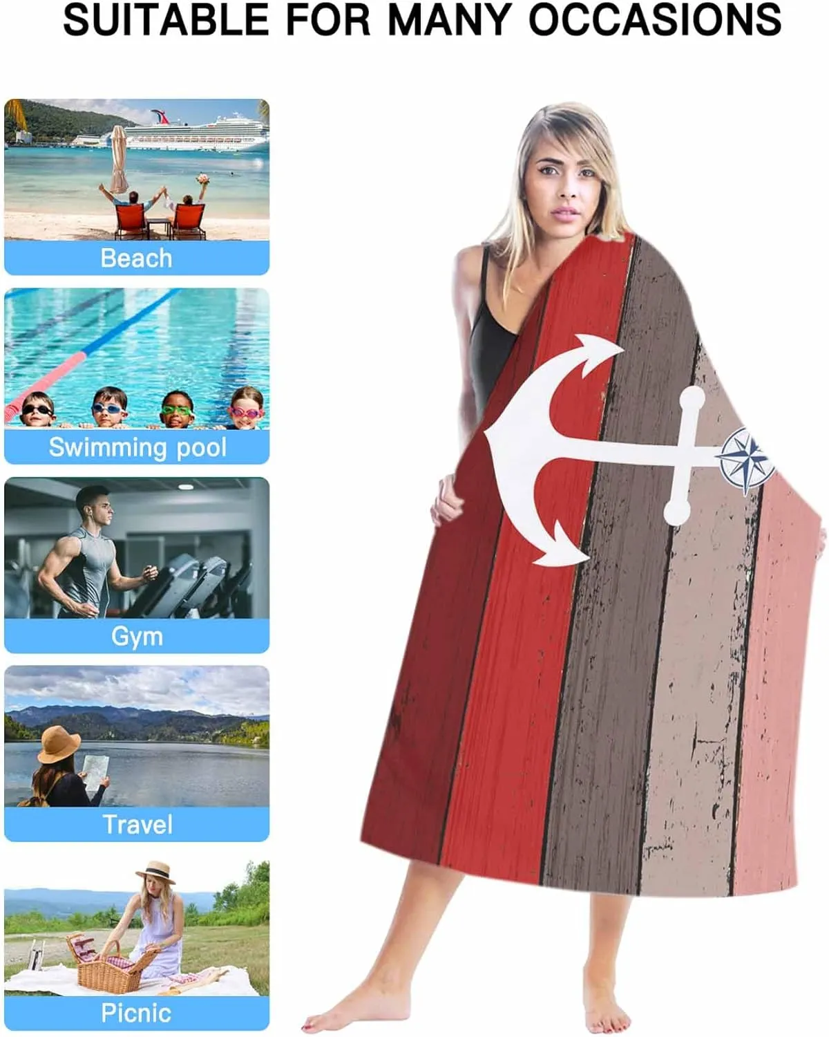 Oversized Beach Towel Anchor on Retro Farm Wood Grain Soft Absorbent Quick-Dry Sand-Free Microfiber Towel for Travel/Surf/Swim/Pool/Vacation Compact Towel Nautical Compass Bath Blanket, 30" x 60"