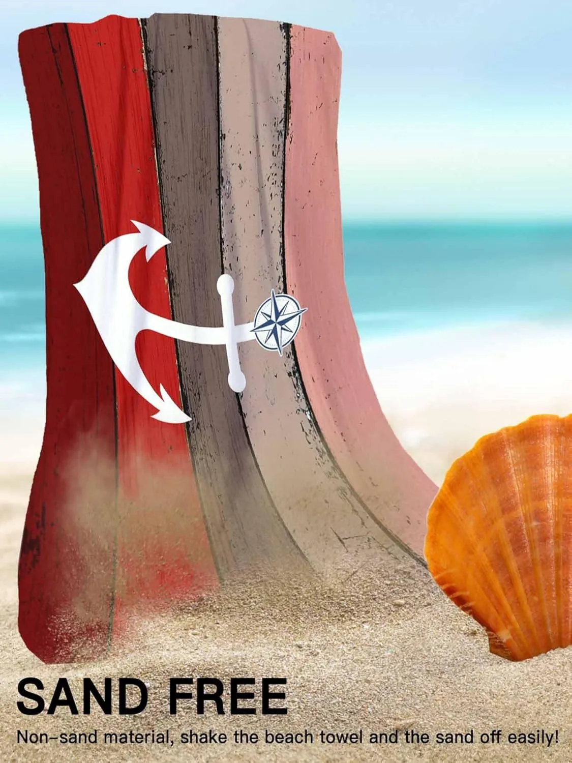 Oversized Beach Towel Anchor on Retro Farm Wood Grain Soft Absorbent Quick-Dry Sand-Free Microfiber Towel for Travel/Surf/Swim/Pool/Vacation Compact Towel Nautical Compass Bath Blanket, 30" x 60"