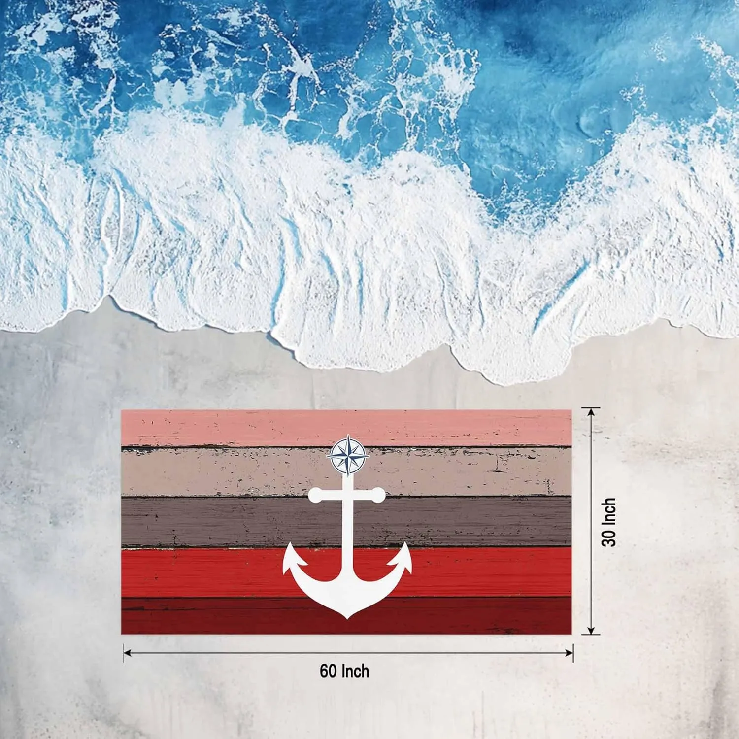 Oversized Beach Towel Anchor on Retro Farm Wood Grain Soft Absorbent Quick-Dry Sand-Free Microfiber Towel for Travel/Surf/Swim/Pool/Vacation Compact Towel Nautical Compass Bath Blanket, 30" x 60"