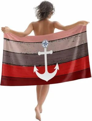 Oversized Beach Towel Anchor on Retro Farm Wood Grain Soft Absorbent Quick-Dry Sand-Free Microfiber Towel for Travel/Surf/Swim/Pool/Vacation Compact Towel Nautical Compass Bath Blanket, 30" x 60"