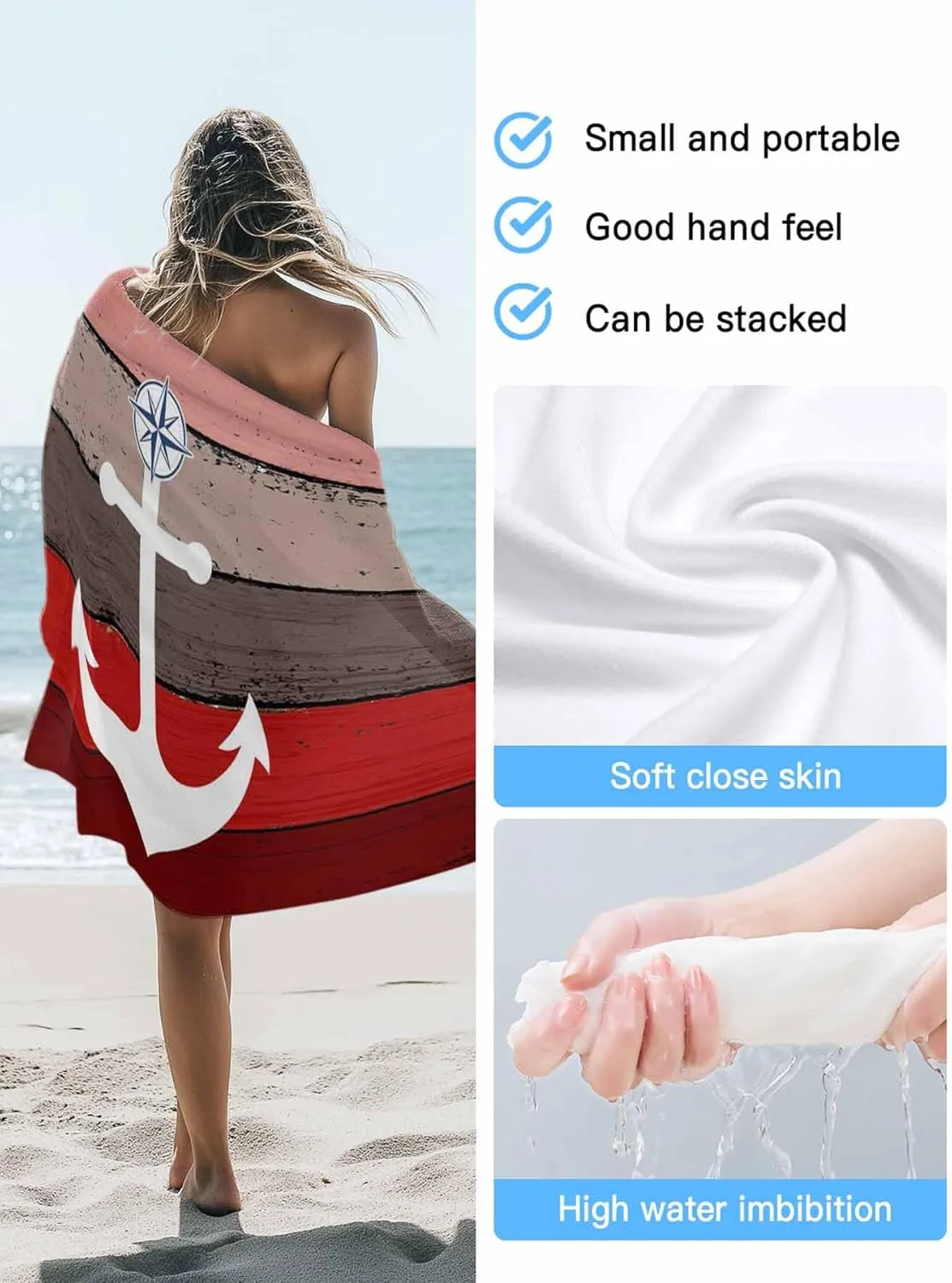 Oversized Beach Towel Anchor on Retro Farm Wood Grain Soft Absorbent Quick-Dry Sand-Free Microfiber Towel for Travel/Surf/Swim/Pool/Vacation Compact Towel Nautical Compass Bath Blanket, 30" x 60"