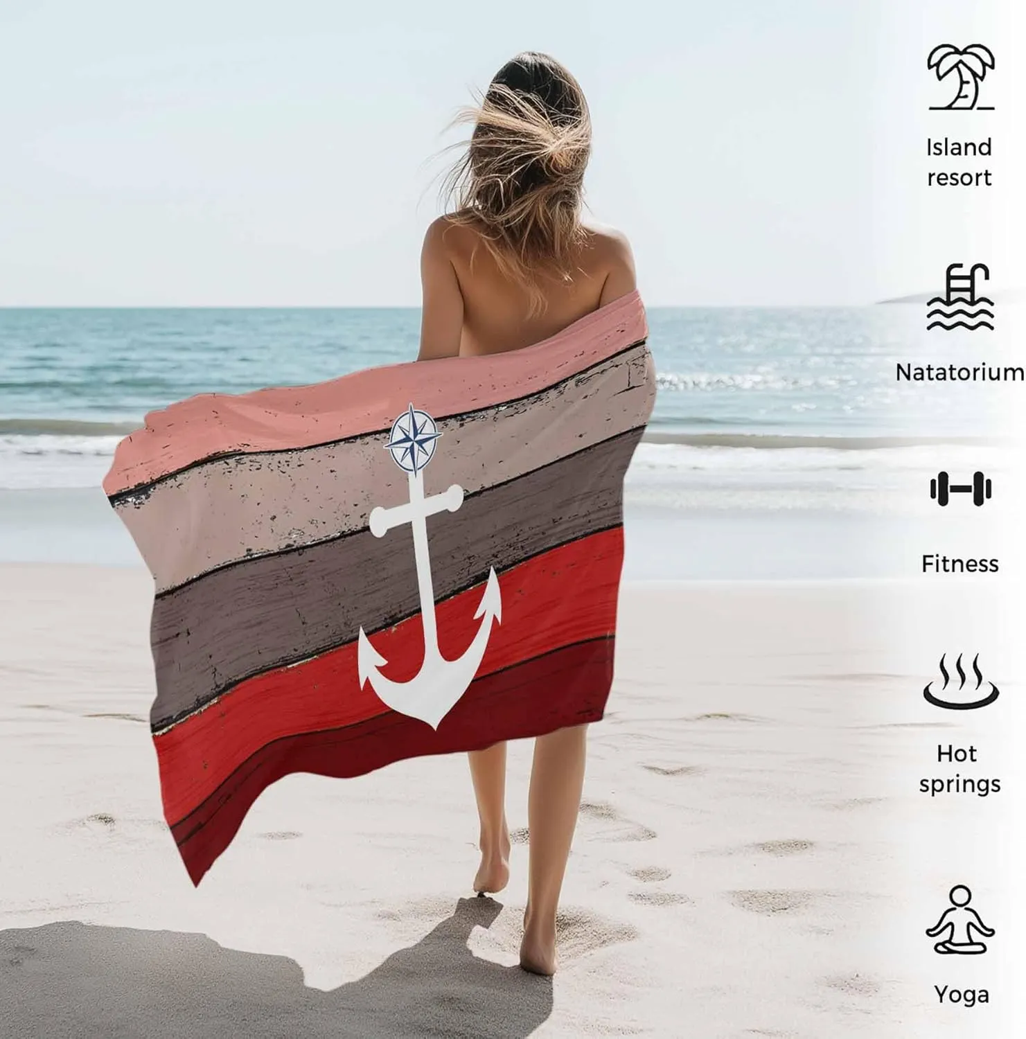 Oversized Beach Towel Anchor on Retro Farm Wood Grain Soft Absorbent Quick-Dry Sand-Free Microfiber Towel for Travel/Surf/Swim/Pool/Vacation Compact Towel Nautical Compass Bath Blanket, 30" x 60"