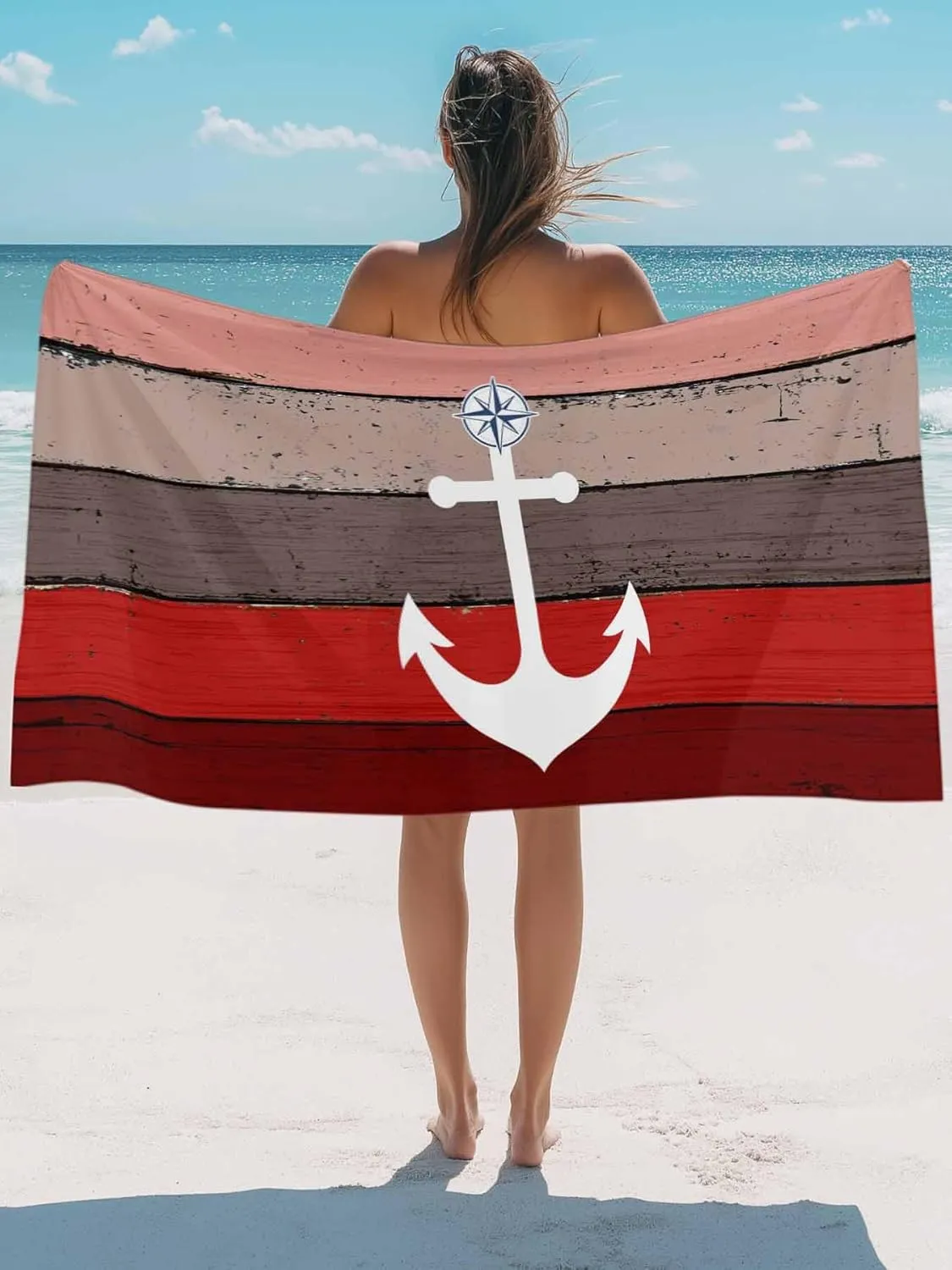 Oversized Beach Towel Anchor on Retro Farm Wood Grain Soft Absorbent Quick-Dry Sand-Free Microfiber Towel for Travel/Surf/Swim/Pool/Vacation Compact Towel Nautical Compass Bath Blanket, 30" x 60"