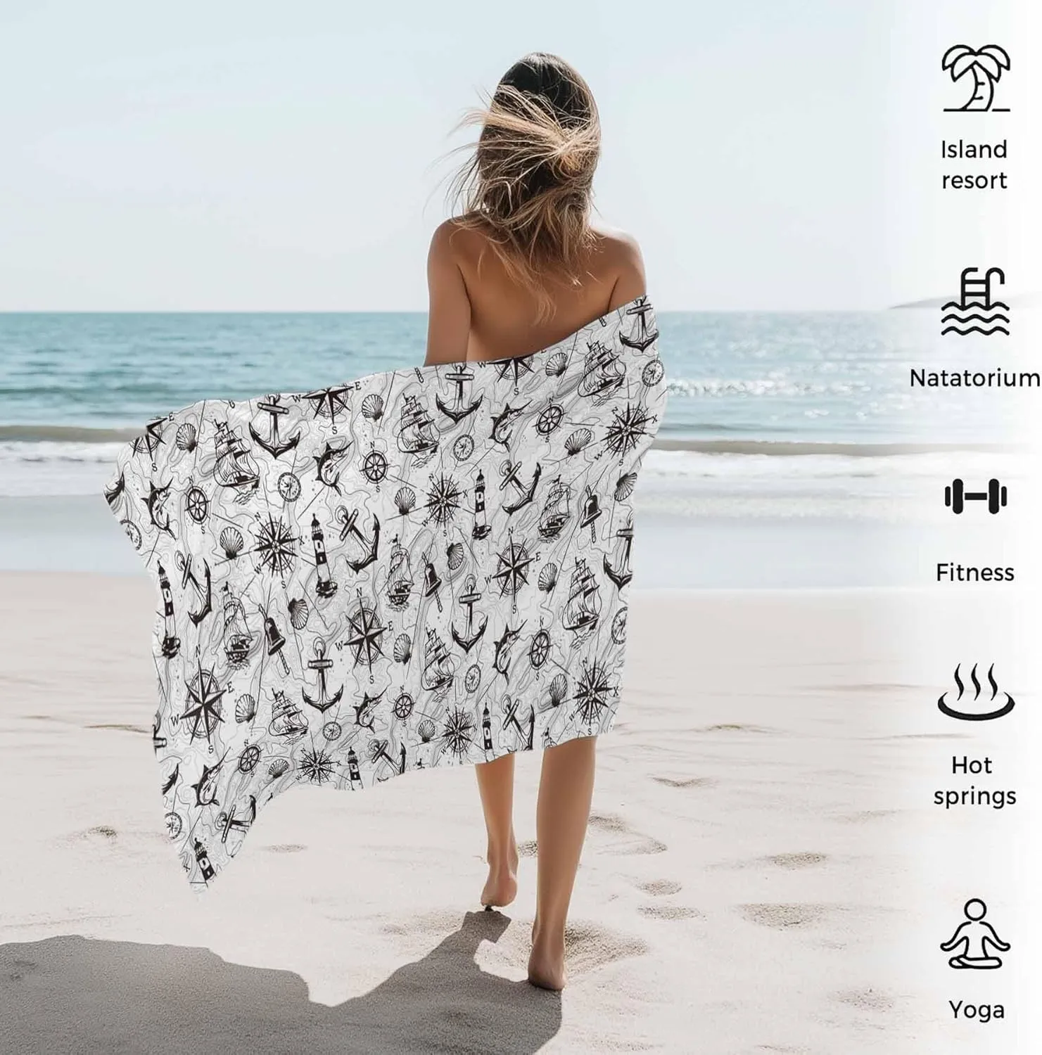 Oversized Beach Towel Retro Nautical Anchor Lighthouse Soft Quick-Dry Sand-Free Microfiber Towel for Travel/Surf/Swim/Pool/Vacation Compact Towel Black White Compass Map Bath Blanket, 30" x 60"