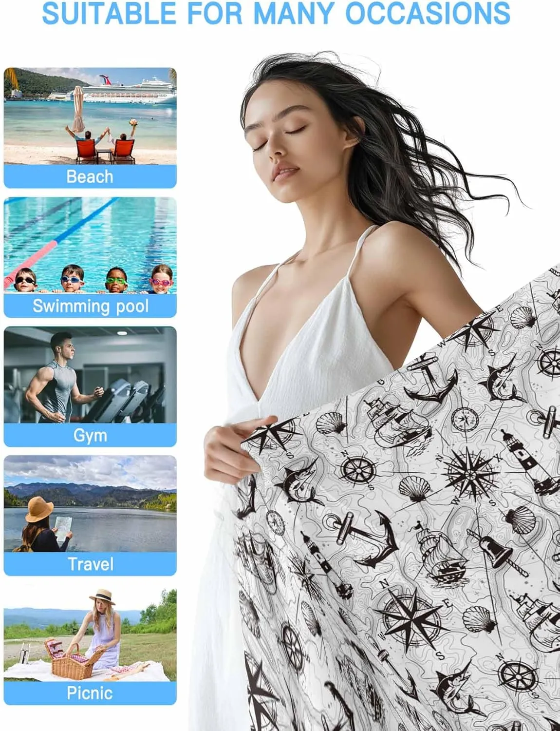 Oversized Beach Towel Retro Nautical Anchor Lighthouse Soft Quick-Dry Sand-Free Microfiber Towel for Travel/Surf/Swim/Pool/Vacation Compact Towel Black White Compass Map Bath Blanket, 30" x 60"