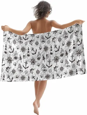 Oversized Beach Towel Retro Nautical Anchor Lighthouse Soft Quick-Dry Sand-Free Microfiber Towel for Travel/Surf/Swim/Pool/Vacation Compact Towel Black White Compass Map Bath Blanket, 30" x 60"
