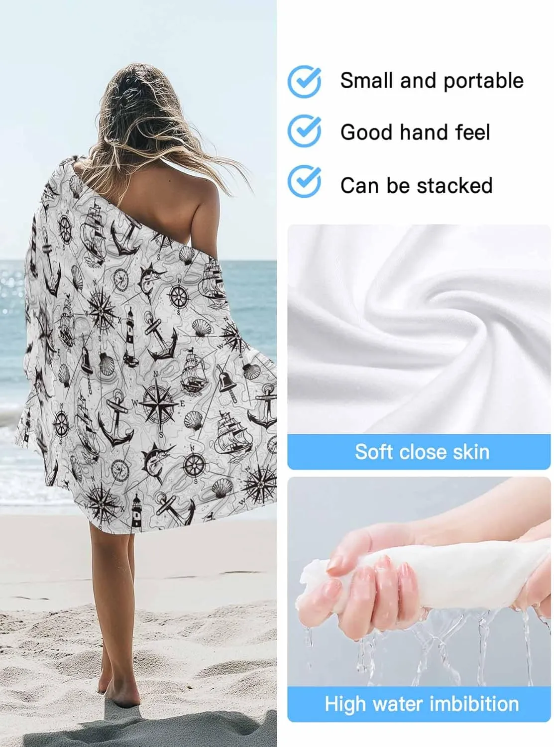 Oversized Beach Towel Retro Nautical Anchor Lighthouse Soft Quick-Dry Sand-Free Microfiber Towel for Travel/Surf/Swim/Pool/Vacation Compact Towel Black White Compass Map Bath Blanket, 30" x 60"