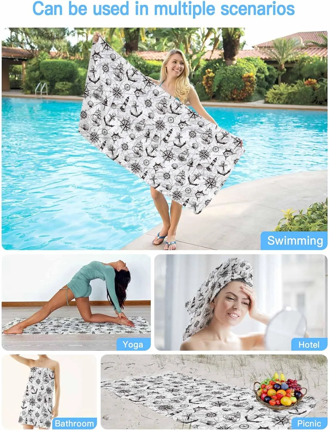 Oversized Beach Towel Retro Nautical Anchor Lighthouse Soft Quick-Dry Sand-Free Microfiber Towel for Travel/Surf/Swim/Pool/Vacation Compact Towel Black White Compass Map Bath Blanket, 30" x 60"