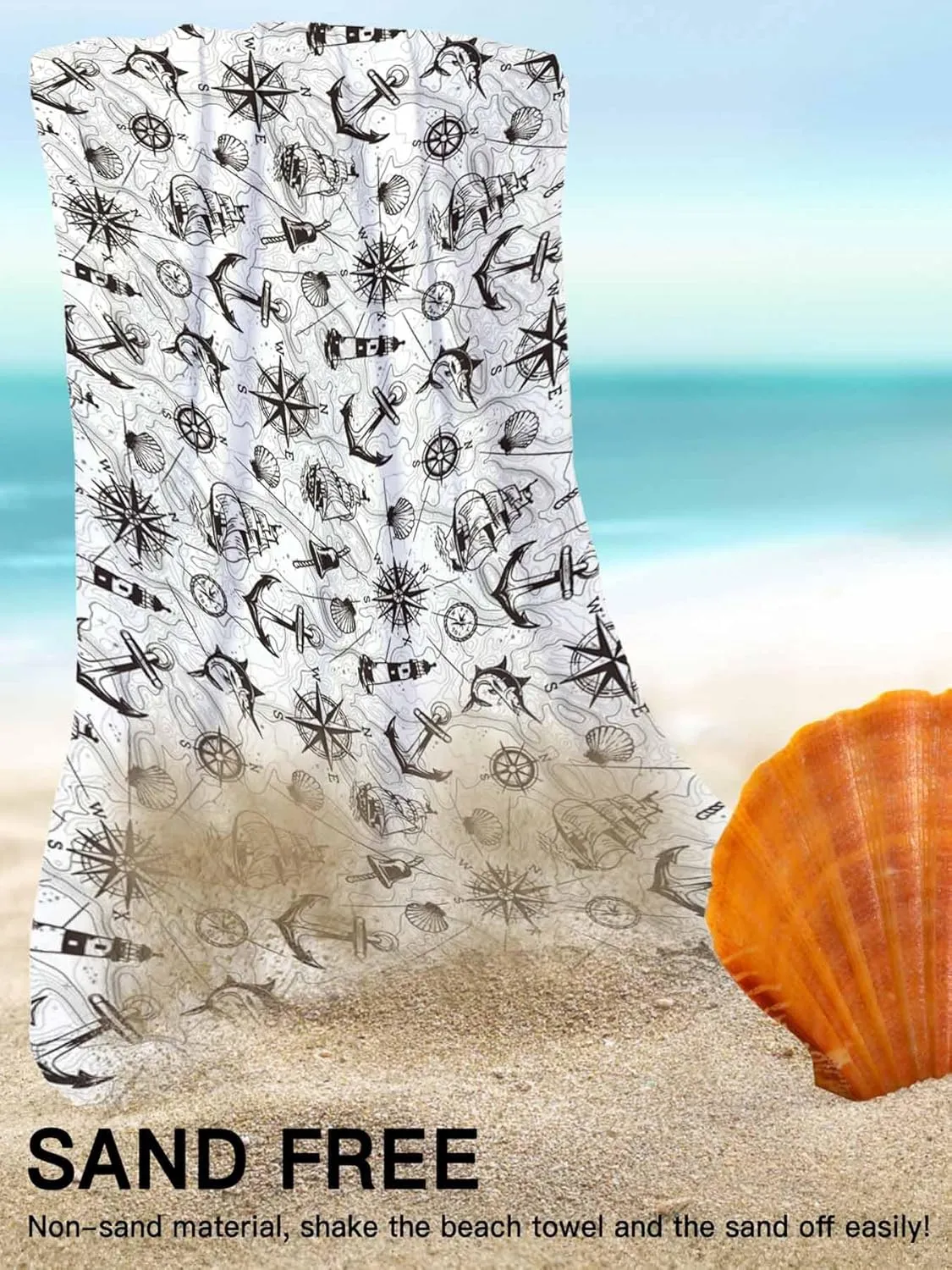 Oversized Beach Towel Retro Nautical Anchor Lighthouse Soft Quick-Dry Sand-Free Microfiber Towel for Travel/Surf/Swim/Pool/Vacation Compact Towel Black White Compass Map Bath Blanket, 30" x 60"