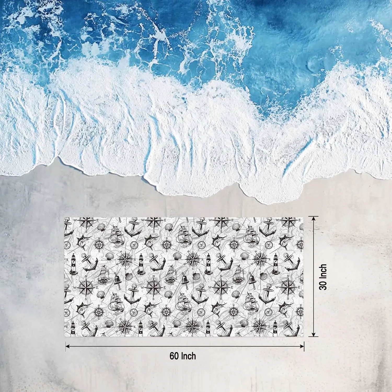 Oversized Beach Towel Retro Nautical Anchor Lighthouse Soft Quick-Dry Sand-Free Microfiber Towel for Travel/Surf/Swim/Pool/Vacation Compact Towel Black White Compass Map Bath Blanket, 30" x 60"
