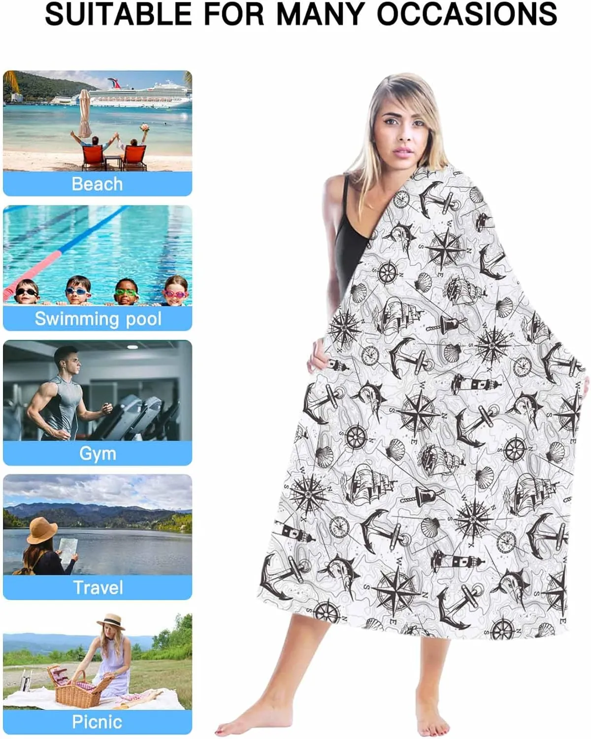 Oversized Beach Towel Retro Nautical Anchor Lighthouse Soft Quick-Dry Sand-Free Microfiber Towel for Travel/Surf/Swim/Pool/Vacation Compact Towel Black White Compass Map Bath Blanket, 30" x 60"