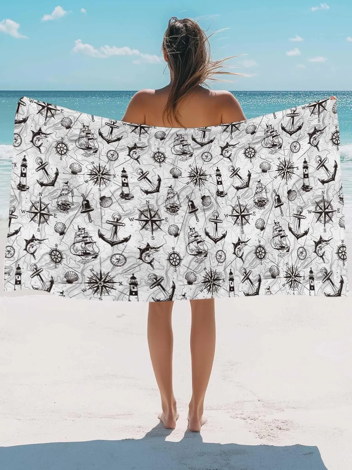 Oversized Beach Towel Retro Nautical Anchor Lighthouse Soft Quick-Dry Sand-Free Microfiber Towel for Travel/Surf/Swim/Pool/Vacation Compact Towel Black White Compass Map Bath Blanket, 30" x 60"