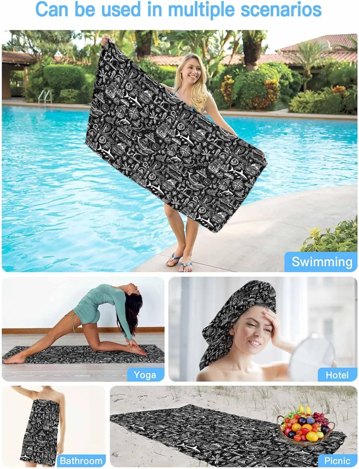 Oversized Beach Towel Retro Nautical Boat Fish Soft Quick-Dry Sand-Free Microfiber Towel for Travel/Surf/Swim/Pool/Vacation Compact Towel Grey Compass Marine Life on Black Bath Blanket, 30" x 60"